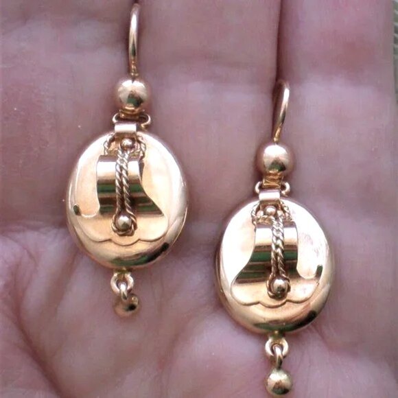 Antique Vintage Russian USSR 14K 583 Rose Pink Gold 3D Dangle Drop EARRINGS # 1 - Picture 10 of 10